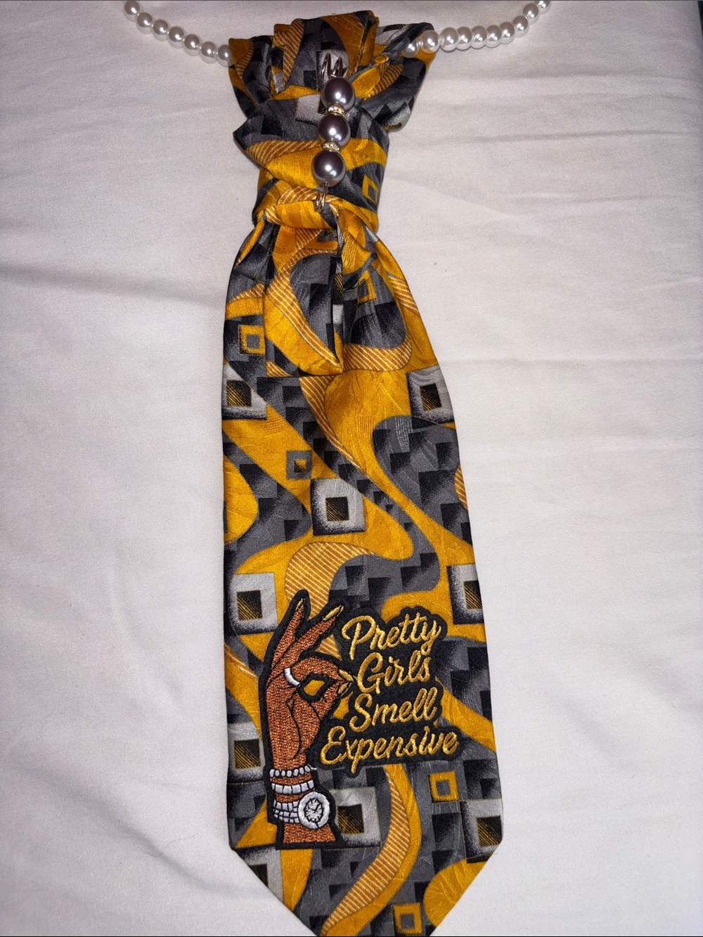 Yellow & Gray Patterned Novelty Tie - "Pretty Girls Smell Expensive" Embroidery
